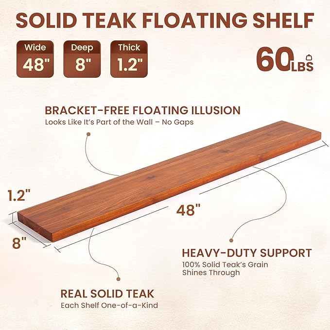 48 Inch Solid Wood Floating Shelf - 100% Solid Teak Wood Wall Shelf with Invisible Brackets - Waterproof Natural Wood Shelves for Bathroom, Kitchen, Balcony - Heavy Duty Floating Wall Decor