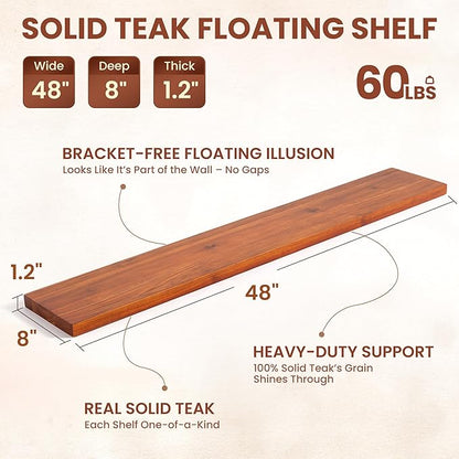 48 Inch Solid Wood Floating Shelf - 100% Solid Teak Wood Wall Shelf with Invisible Brackets - Waterproof Natural Wood Shelves for Bathroom, Kitchen, Balcony - Heavy Duty Floating Wall Decor
