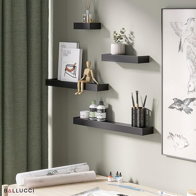 Ballucci Modern Ledge Wall Shelves, Set of 4 Wood Floating Shelves for Bedroom, Bathroom, Living Room, Kitchen, Nursery, Black