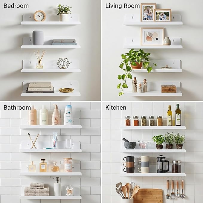 Acrylic Floating Shelves, Adhesive Wall Mount Command Shelves for Bathroom, Kitchen, Dorm - Renter-Friendly Easy Install Wall Shelves for Home Decor and Organization (Glossy White-4 Pack)