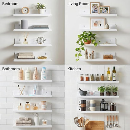 Acrylic Floating Shelves, Adhesive Wall Mount Command Shelves for Bathroom, Kitchen, Dorm - Renter-Friendly Easy Install Wall Shelves for Home Decor and Organization (Glossy White-4 Pack)