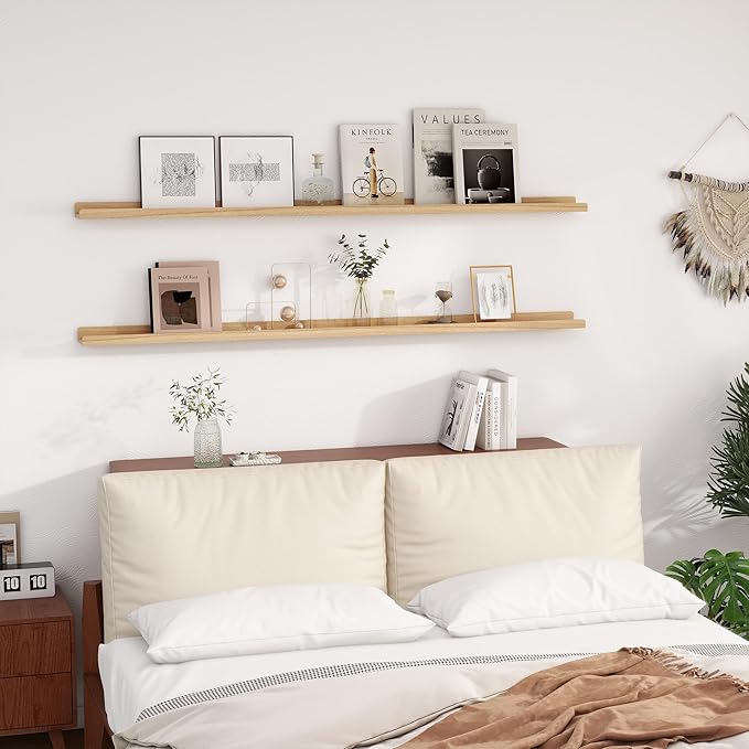 72 Inch Floating Shelves for Wall | Natural Wood Ledge Shelf Set of 2 | Solid Ash Wood Picture Ledge Shelves with Lip | Picture Shelf for Wall with Ledge | Photo Ledge Shelves