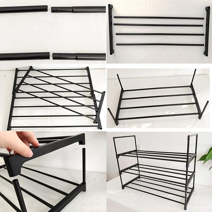 Shoe Rack Organizer, 3-Tier Reversible Metal Space Saving Shoe Storage Shelf - for Entryway, Closet, Front Door, Bedroom, Garage & Corridor-Closet Organizer, Garage Storage Shelves (Black)