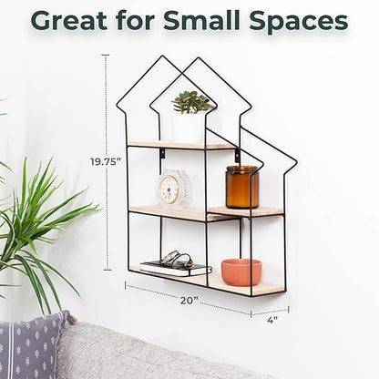 Greenco Shelf, Natural Geometric House Shaped 3 Tier Mounted Floating Shelves, Home Decor, Metal Wire and Rustic Wood Wall Storage Shelves for Bedroom, Living Room, Bathroom, Kitchen and Office