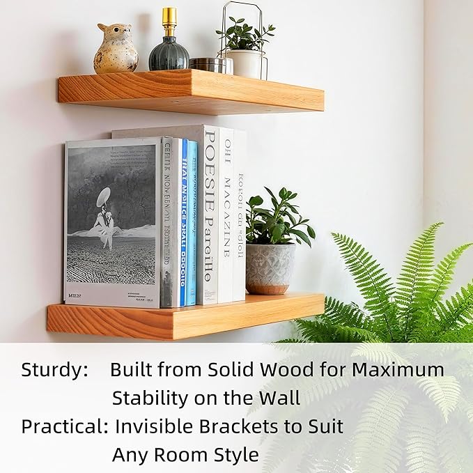 Floating Shelves for Wall 24 Inch Solid Real Wood Shelves Set of 2 Rustic Farmhouse Wall Mounted Wood Shelf for Bedroom Living Room Bathroom Kitchen Home Decor Office