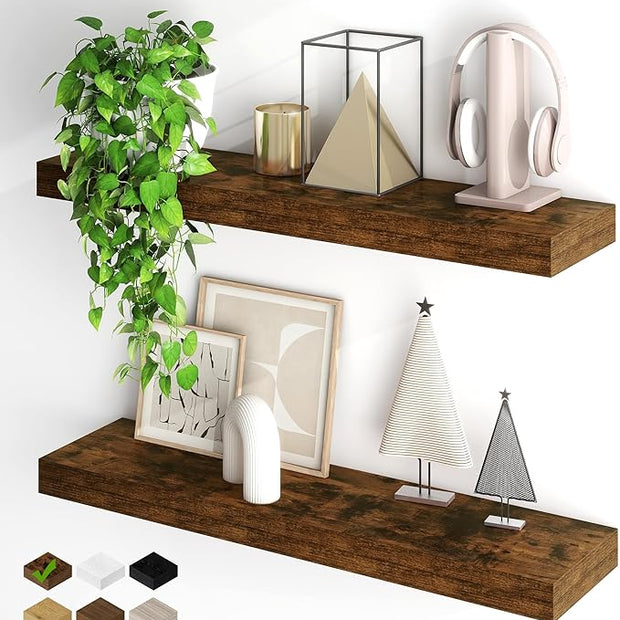Fun Memories Floating Shelves for Wall, 32Inch Floating Shelves Set of 2, Hanging Shelf with Invisible Brackets, Wood Shelves for Living Room, Bedroom, Kitchen, Brown