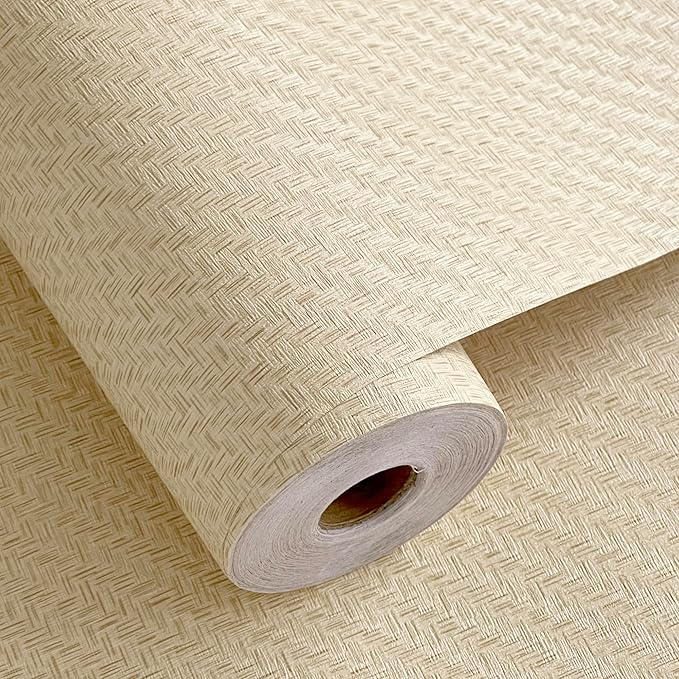 Haimin Fabric Wallpaper Textured Contact Paper (24in X 393in) Grasscloth Wallpaper Peel and Stick Faux Linen Wall Paper Self-Adhesive Vinyl Looks Like Woven Straw (Yellow Beige)