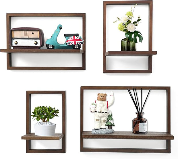 PHOENANCEE Square Floating Shelves,Framed Wall Shelf Decorative Set of 4,Modern Plants Hanging Display Art Decor Storage for Livingroom Bedroom Bathroom Farmhouse,Home Light Wood,Rustic Walnut