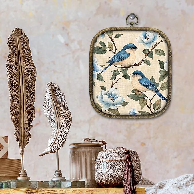 KSDUT Bird Wall Art Decor - Chinoiserie Neutral Mid Century Modern Wall Art Canvas Frame Hanging Prints, Vintage Landscape Square Wall Art Decor for Home Decorations 6.5