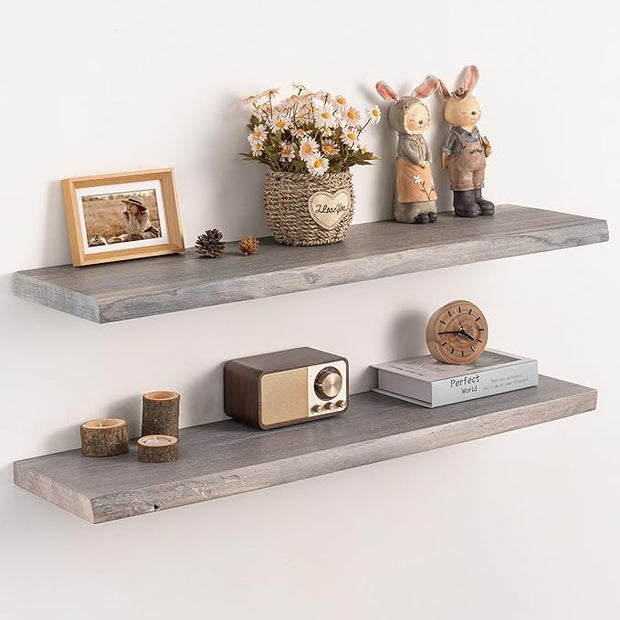 Live Edge Floating Shelves Set of 2, 36 Inch Solid Elm Wood Wall Shelves - Invisible Bracket Mount for Living Room, Bedroom, Kitchen, Bathroom | Weathered Gray
