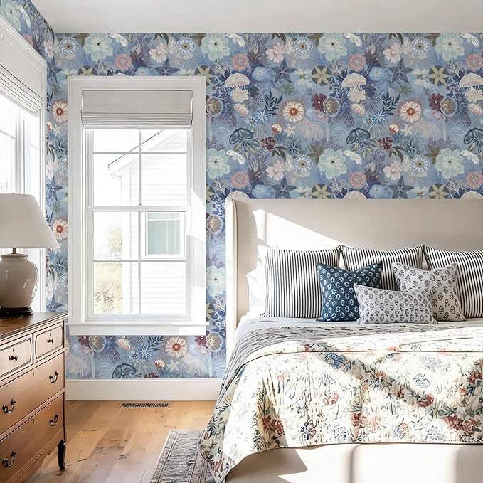 Ismoon Floral Peel and Stick Wallpaper Vintage Blue Contact Paper Jellyfish Ocean Stick on Wall Paper Removable Self Adhesive Vinyl Wallpaper for Bedroom Wall Decor Cabinet Refurbishment 17.3x78.7in