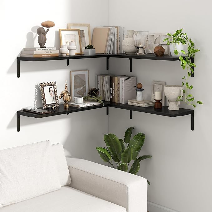 Fun Memories Deep Floating Shelves, 36W x 8D Floating Shelves Set of 2, Wall Mounted Shelf with Metal Brackets, Rustic Wood Wall Shelf for Bathroom, Kitchen and Living Room, Black