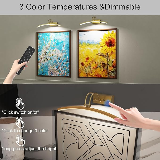 PAIHOME Picture Light for Wall Battery Operated, Rechargeable Magnetic Picture light with Smart Motion Sensor, Remote Dimmable & Timer, ‌16in Gold Wireless Art Lighting for Paintings Gallery Portraits