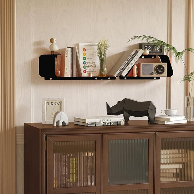 Floating Shelves, Set of 3 Wall Mounted Metal Shelves with Unique Design for Wall Storage, Book Shelf, Display Shelves for Bathroom Bedroom Kitchen Living Room, Black