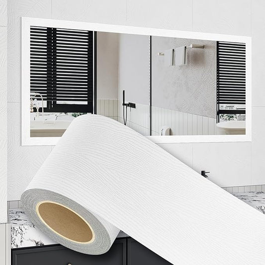 Peel and Stick Wallpaper Borders 390” x 2.36” Self Adhesive Mirror Frame Border Wood Grain DIY for Kitchen Bathroom Mirror Removal Border Sticker Wall Decor Cover 6.4 Sq.Ft, White Wood