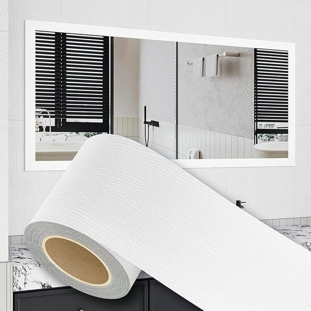 Peel and Stick Wallpaper Borders 390” x 2.36” Self Adhesive Mirror Frame Border Wood Grain DIY for Kitchen Bathroom Mirror Removal Border Sticker Wall Decor Cover 6.4 Sq.Ft, White Wood