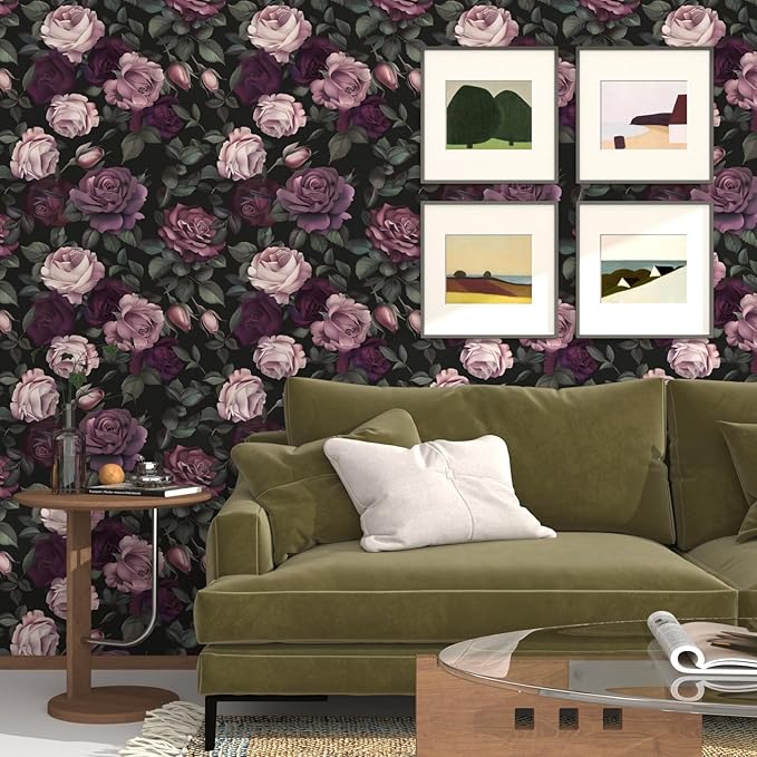Purple Pink Rose Wallpaper Peel and Stick Vintage Floral Contact Paper 17.5in x393in Flowers Wall Paper Self Adhesive Waterproof Removable for Room Shelves Cabinet Drawer Table Decor Renter Friendly