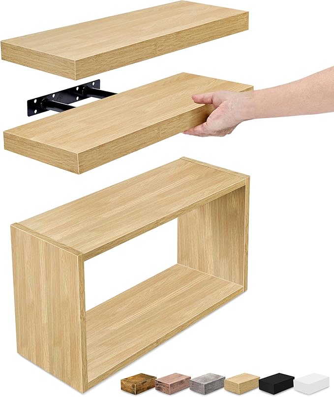 Sorbus Floating Shelves for Wall Set of 3 - Bathroom Shelves for Wall Storage, Over Toilet, Bedroom, Farmhouse, Decor - 2 Floating Shelves with Invisible Brackets & 1 Rectangular Box