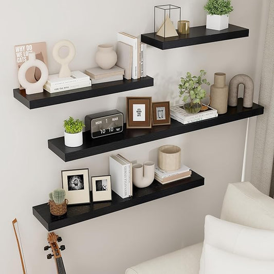 fuqing Floating Shelves for Wall - Black Wood Wall Shelves Set of 3 - Modern Style Wooden Shelves for Room Decor & Storage