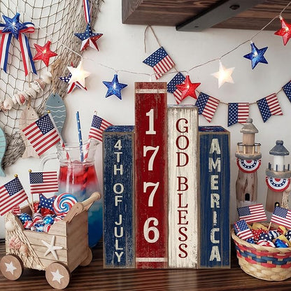 4 Pcs 4th of July Table Decoration Wooden Book 1776 God Bless America Decor Patriotic Tiered Tray Decor Farmhouse Red White and Blue American Block Signs for 250th Anniversary Home Shelf