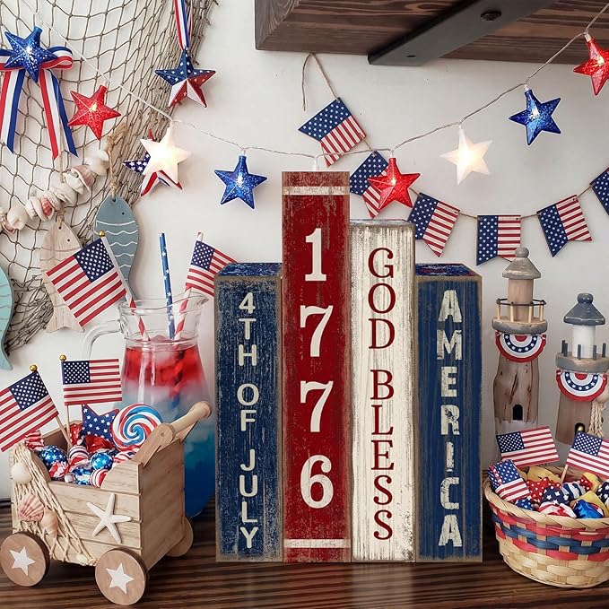 4 Pcs 4th of July Table Decoration Wooden Book 1776 God Bless America Decor Patriotic Tiered Tray Decor Farmhouse Red White and Blue American Block Signs for 250th Anniversary Home Shelf
