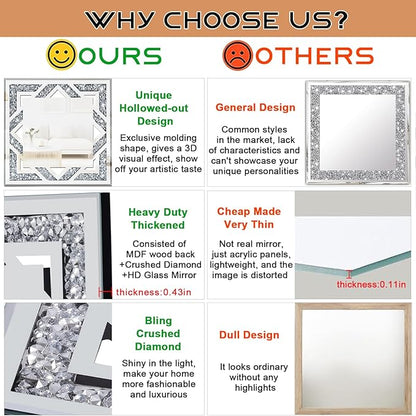 2 Piece Square Hollow Crushed Diamond Decorative Mirror, Silver Crushed Diamond Mirror Decor Wall for Living Room Bedroom Bathroom (12”x12”)