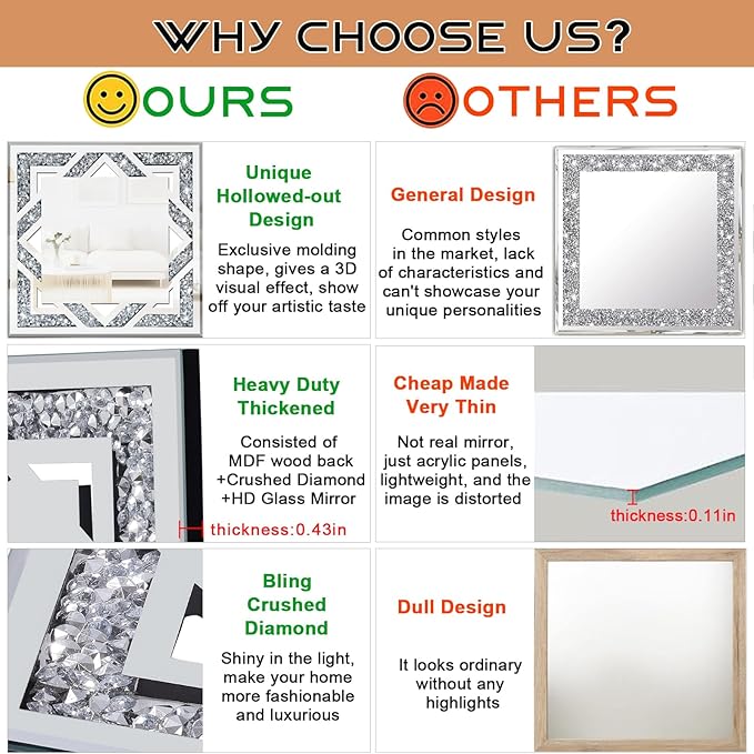 2 Piece Square Hollow Crushed Diamond Decorative Mirror, Silver Crushed Diamond Mirror Decor Wall for Living Room Bedroom Bathroom (12”x12”)