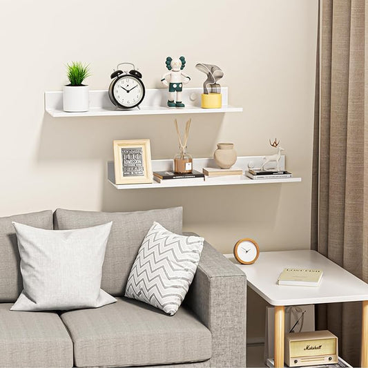 Adhesive Floating Shelves, 15.7" Metal Bathroom Shelves for Wall Set of 2, Modern White Wall Shelf for Living Room, Bedroom Storage Display Decorative