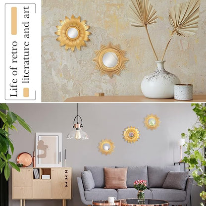 Jetec 4 Pcs Big Sunburst Wall Mirror Gold Vintage Mirror Set for Wall Metal Hanging Round Decorative Mirrors Accessories Modern Present for Living Room Bedroom Entryway Home Decor 10 Inch