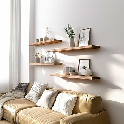 Light Wood Floating Shelves for Wall Rustic Wall Shelf for Bedroom Living Room Set of 6