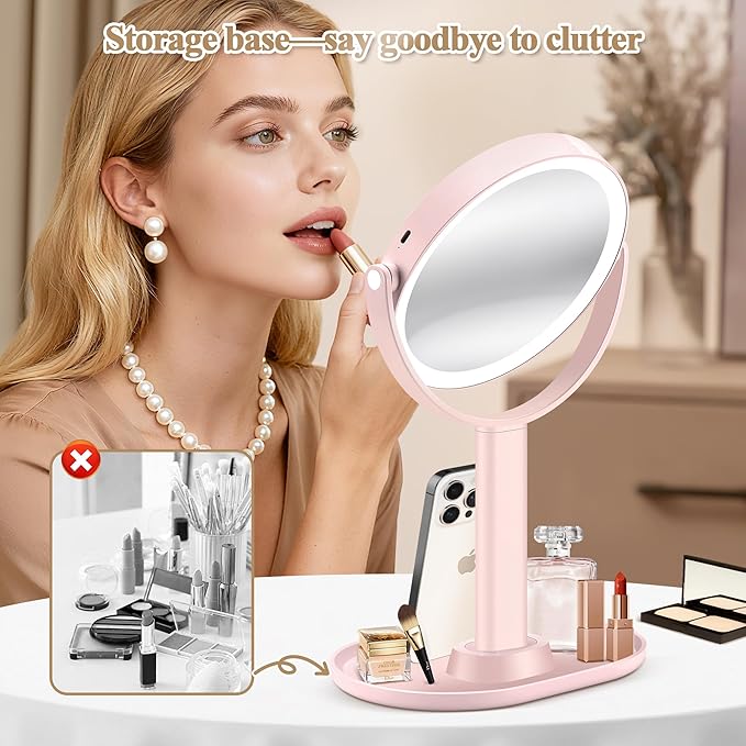 Makeup Mirror with Lights, Double Sided 1x/30x Magnifying Mirror with Light, Rechargeable 3 Color Lights and Adjustable Brightness, 360° Rotation Detachable Comes with Tweezer(Blush-30X)
