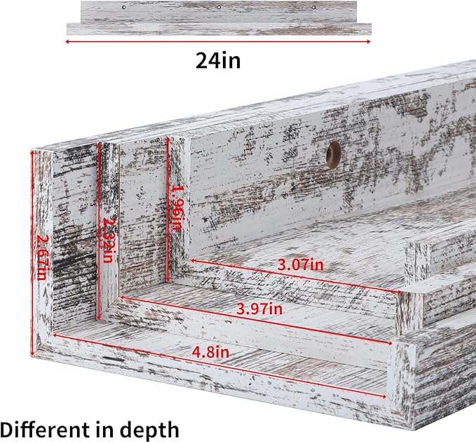 Lavezee 24 Inch Floating Shelves for Wall Set of 3, Rustic Picture Ledge Wall Mounted Shelf for Living Room, Bedroom, Kitchen, Bathroom, Distressed White