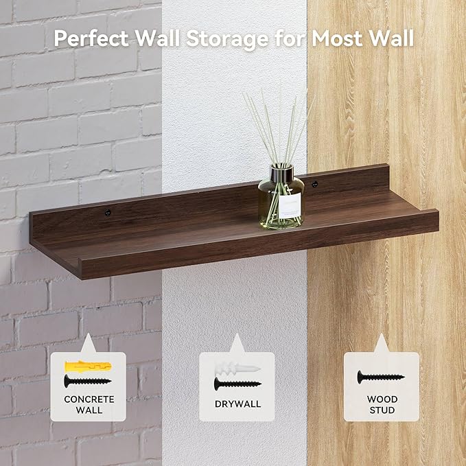 47.2 Inches Long Floating Shelves Wall Mounted, 2 Set Farmhouse Wall Shelf for Bedroom, Nursery Book Shelf with Lip, Picture Ledge Shelf for Decor Living Room Bathroom Kitchen - Walnut