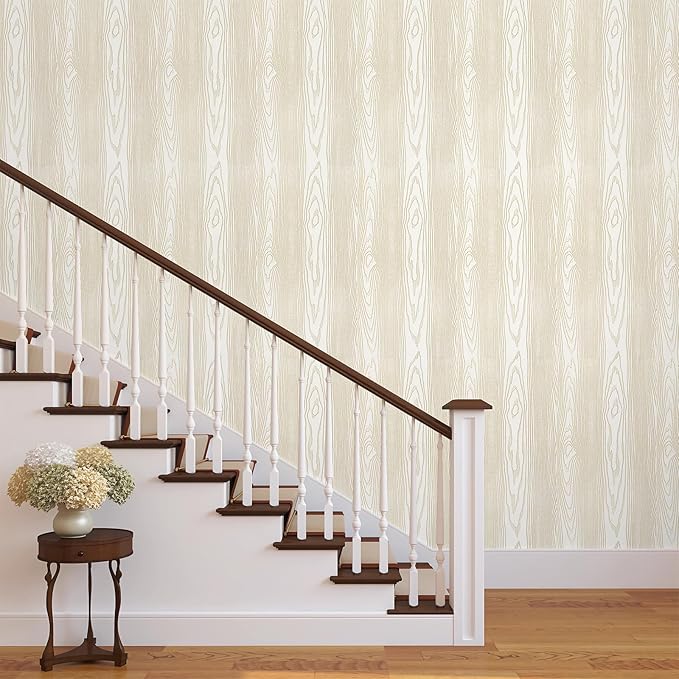 Yun-aeon Beige and Gold Wood Contact Paper 17.3"x200" Rustic Wooden Peel and Stick Wallpaper Removable Self-Adhesive Wallpaper Wood Grain Contact Paper for Countertops Cabinets