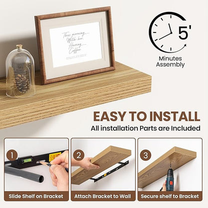 48 Inch Floating Shelves for Wall 2 Pack, 48" Wall Shelves for Books, Storage, Decor, Wall Mounted Floating Shelf with Invisible Brackets for Kitchen, Living Room, Light Brown