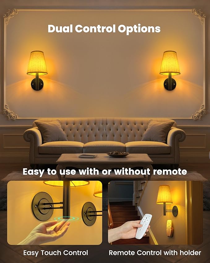 Rechargeable Battery Operated Wall Sconce Set of 2, Wireless LED Wall Lights with Remote & Touch Control, Wall Mounted Lamp Lighting Fixtures for Bedroom Living Room, Matte Black
