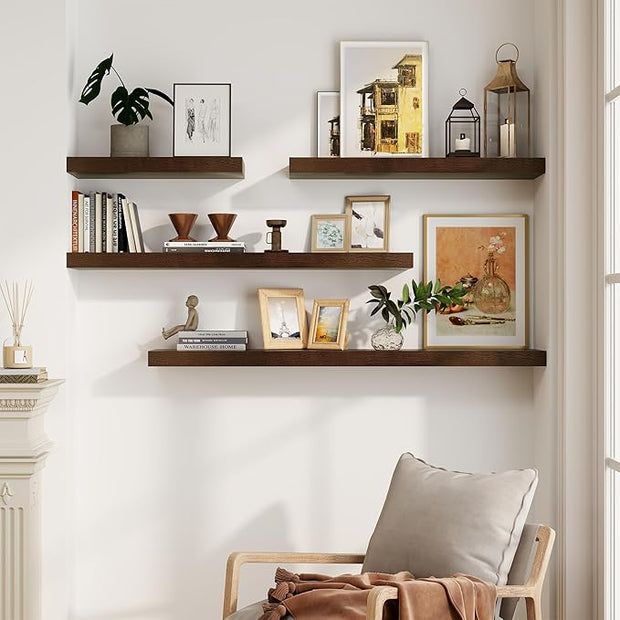 Marsmiles Solid Wood Floating Shelves for Wall, 48”W x 9”D x 1.56”H Large Wall Shelves for Living Room Bedroom Bathroom Kitchen Drcor Storage with Invisible Heavy-Duty Metal Bracket, Walnut, Set of 1