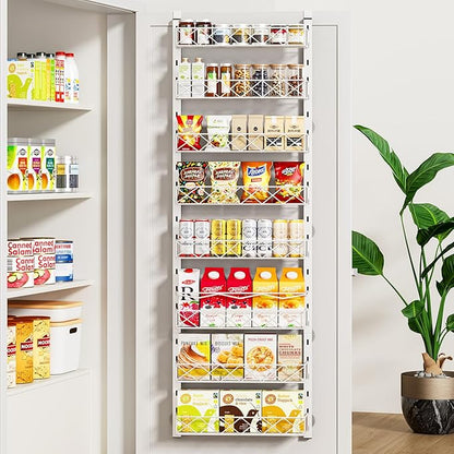 MIAOLI Over the Door Organizer, White 8-Tier Pantry Door Organizer with Adjustable Basket, Hanging Spice Rack Cabinet Door Shelves, Laundry Room Organization and Storage