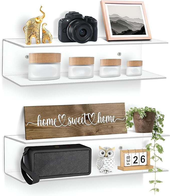 Clear Acrylic Floating Shelves - 2 Tier Wall Mounted Bathroom Organizer Set of 2 (15") - Space Saving Display Shelf for Makeup, Skincare, Kitchen Spices, & Home Decor