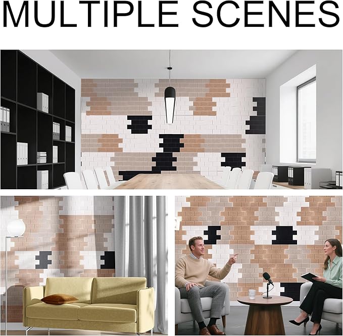 WoveN SounD Brick Acoustic Wall Panels Seamless Visual, High Density, Sound Proof Wall Decor, Noise Blocker Felt Wall Tiles for Home & Focus Zones (Black, Brown, Deep & Light Camel), 16x12x0.4 Inch