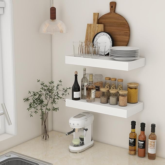 Deep Floating Shelves | 24 Inch White Floating Shelves Set of 2 | 12 Inch Deep Rustic Wood Shelves for Wall | 24