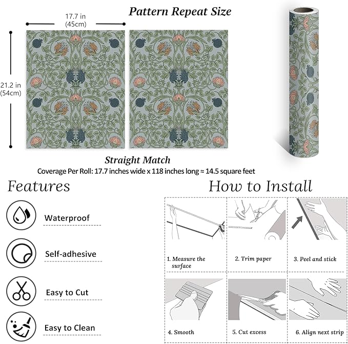 VEELIKE Retro Blue Floral Wallpaper Peel and Stick Vintage Floral Art Deco Wallpaper for Bedroom Bathroom 17.7''x118'' Removable William Morris Wall Paper Prepasted Adhesive Contact Paper for Walls