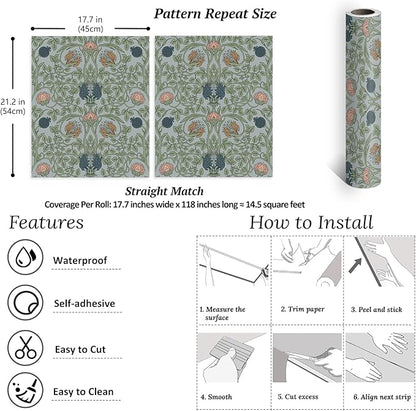 VEELIKE Retro Blue Floral Wallpaper Peel and Stick Vintage Floral Art Deco Wallpaper for Bedroom Bathroom 17.7''x118'' Removable William Morris Wall Paper Prepasted Adhesive Contact Paper for Walls