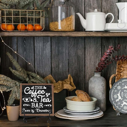 Farmhouse Coffee Bar Decor, Coffee Tea Wooden Signs for Home Office Desk Shelf, Rustic Tabletop Centerpieces for Kitchen Accessories - A04