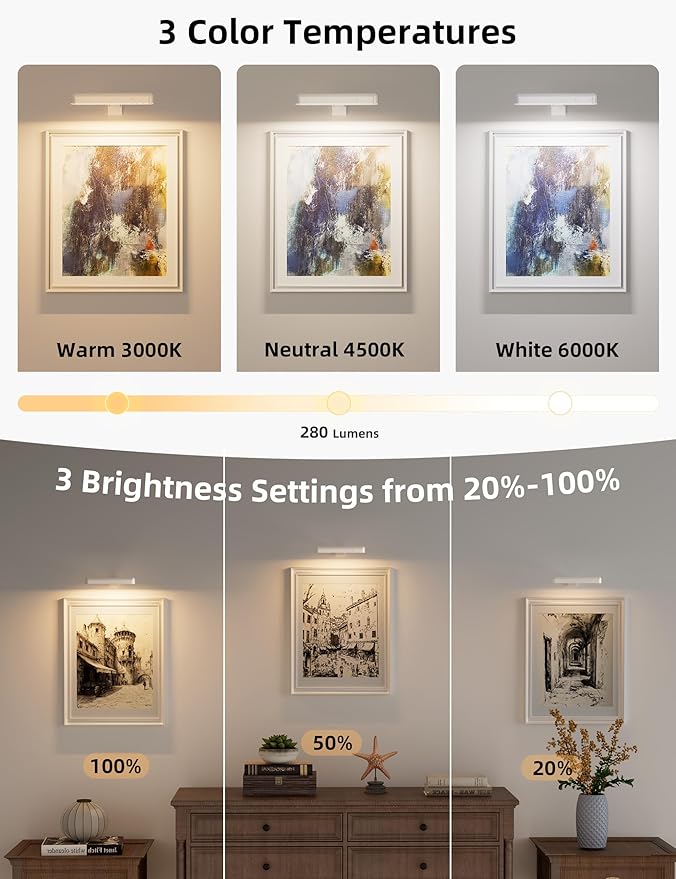 VOLISUN Picture Lights for Wall, Rechargeable Picture Light Battery Operated, 3 Color Temperatures Cordless Picture Light with Remote, Art Lighting for Paintings, Gallery, Portrait, 3 Pack (White)