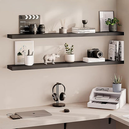 Ballucci Floating Shelves for Wall, 55 inch 2-Tier Black Shelf, Invisible Brackets, Wood Wall Shelf for Living Room, Bedroom, Kitchen Organizer, Clearing Clutter
