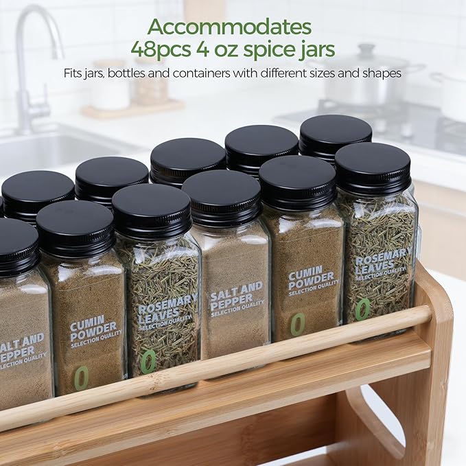 Bamboo Spice Rack Organizer, 3 Tier Spice Jars Storage Rack with Handles, Seasoning Shelf for Kitchen Counter or Wall