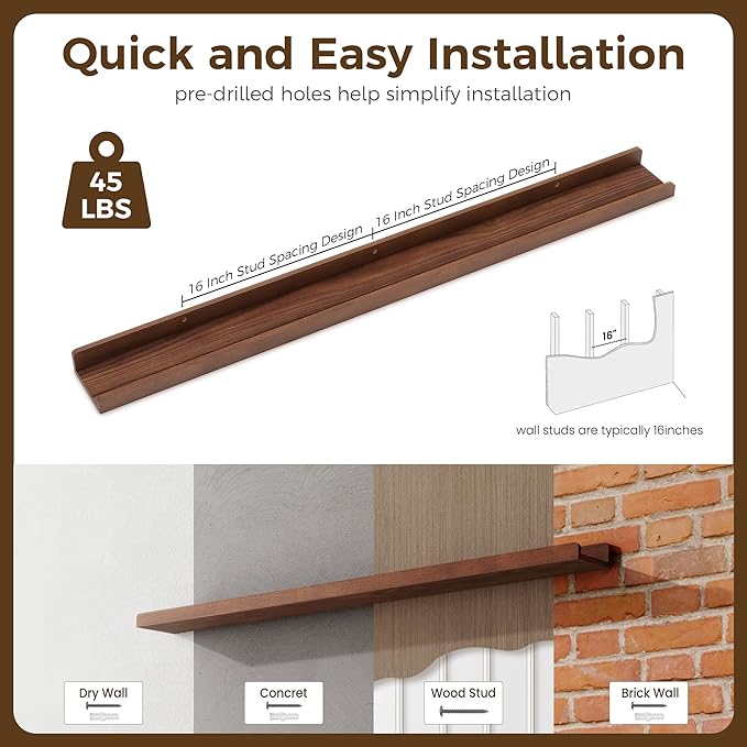 48 Inch Floating Shelves for Wall - Wood Picture Ledge Shelf Set of 2 - Dark Wood Wall Shelves with Lip - Walnut Picture Shelf Photo Ledge