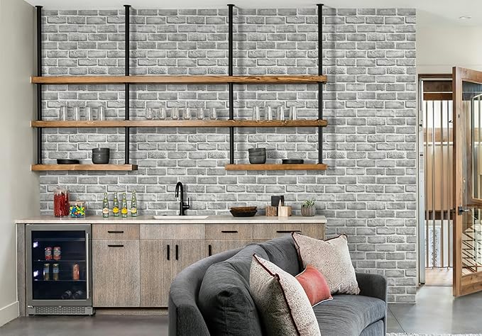 Guvana Grey Brick Wallpaper Peel and Stick Wallpaper 3D Brick Contact Paper Self Adhesive Wallpaper for Bedroom Modern Removable Wall Paper Vinyl Film Decor Backsplash Walls 17.3