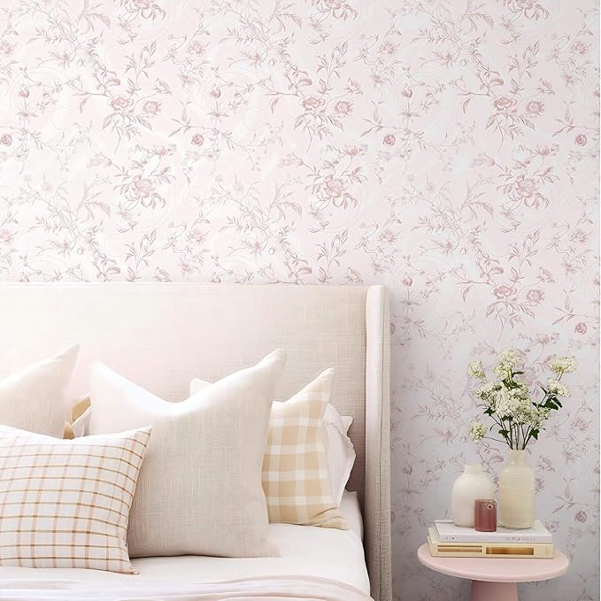 Ismoon Floral Wallpaper Peel and Stick Pink Stick on Wall Paper Vintage French Contact Paper for Cabinet Textured Removable Self Adhesive Wallpaper Vinyl Roll Shelf Deco, 17.3x787in